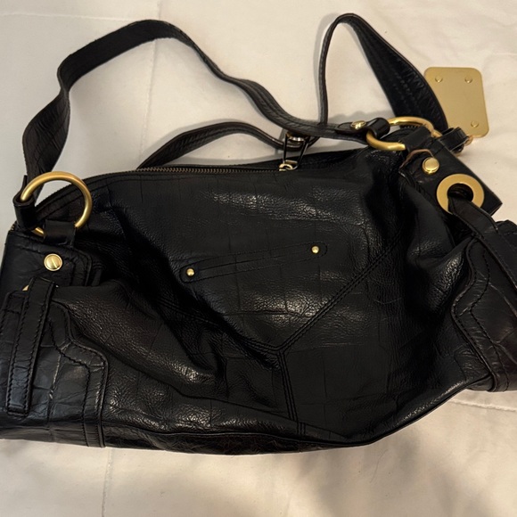 B. Makowsky Black embossed Leather Shoulder Bag with Gold Accents - Picture 3 of 8